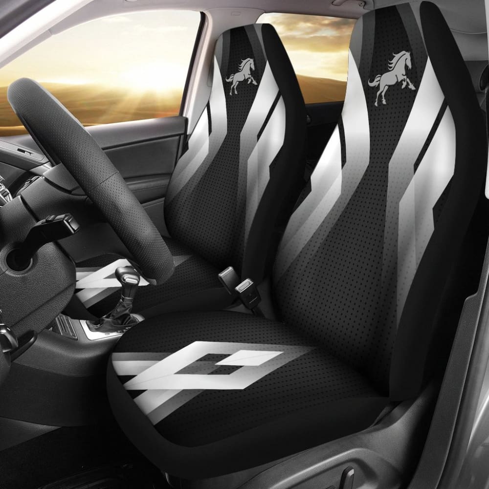 Premium Black & Silver Mustang Horse Custom Metallic Print Car Seat Covers - Perfect for Ford Mustang Enthusiasts & Car Show Accessories