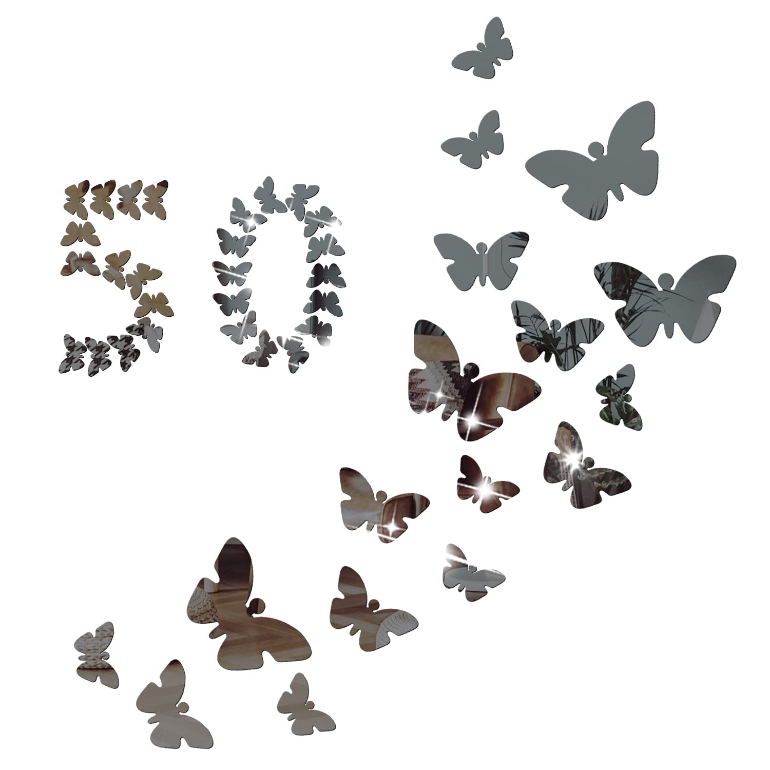 NAILDOKI DIY Acrylic Mirror Wall Decals Set - 50 Pcs Butterfly Stickers for Home Decor, Living Room & Bedroom (Black) | Self-Adhesive Mirror Wall Art for Girls Room, Nursery & Bathroom