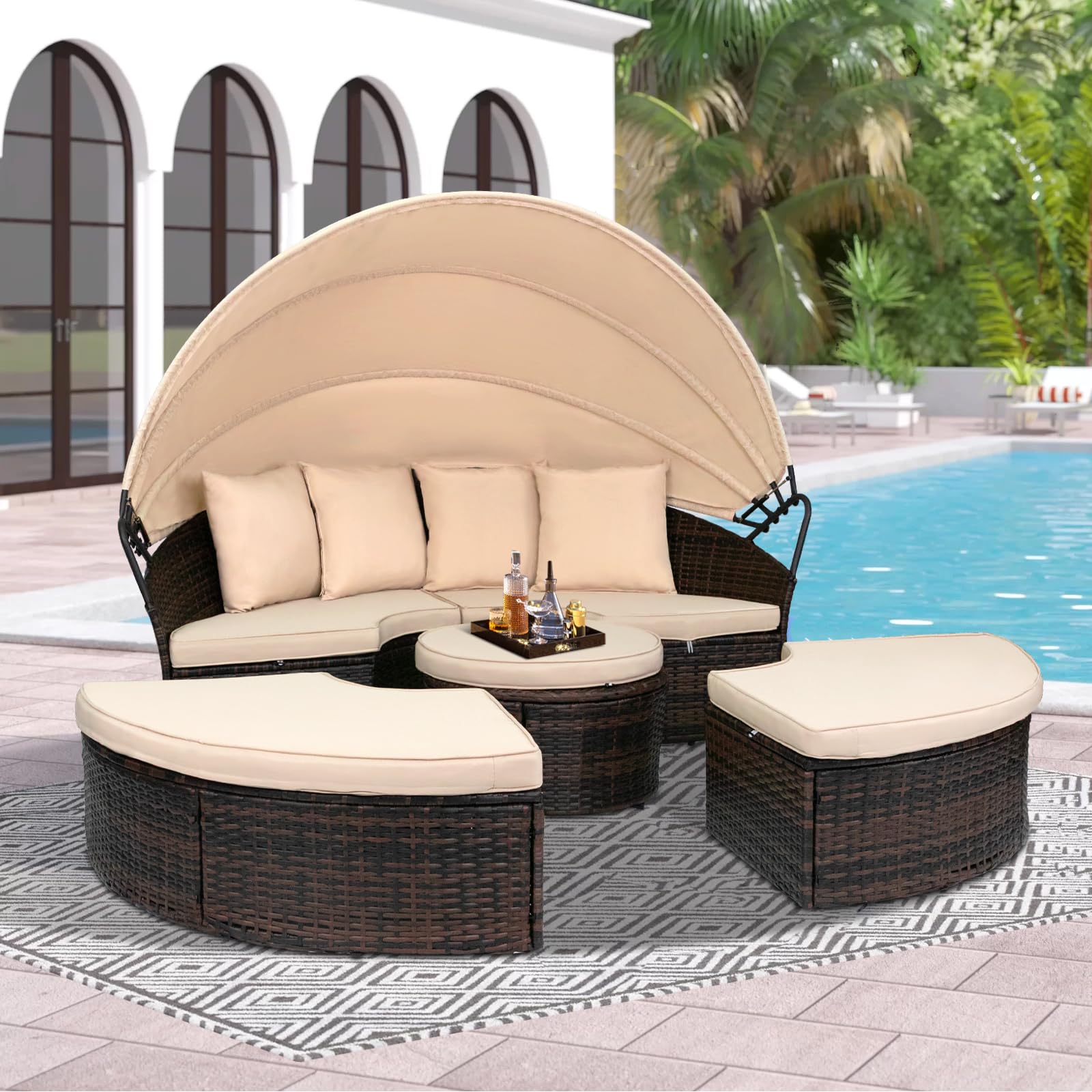 **Crownland Outdoor Patio Canopy Bed - Round Wicker Daybed with Retractable Canopy & Washable Cushions, Clamshell Sectional Seating for Backyard, Porch, Poolside - Perfect for Lounging, Sunbathing & Relaxing (Brown)**
