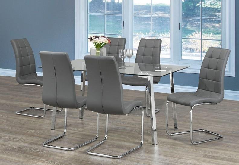 Clear Tempered Glass Dining Table with Chrome Metal Legs & Gray Upholstered Chairs Set - Modern Kitchen & Dining Room Furniture for Small Spaces