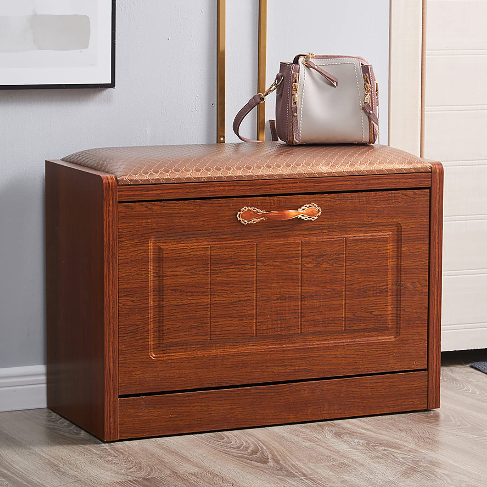 Premium Leather Upholstered Shoe Bench with Hidden Storage Shelf - Modern Entryway Shoe Organizer & Cabinet (55x30x45cm/22x12x18in) - Perfect for Hallway, Mudroom & Small Space Organization