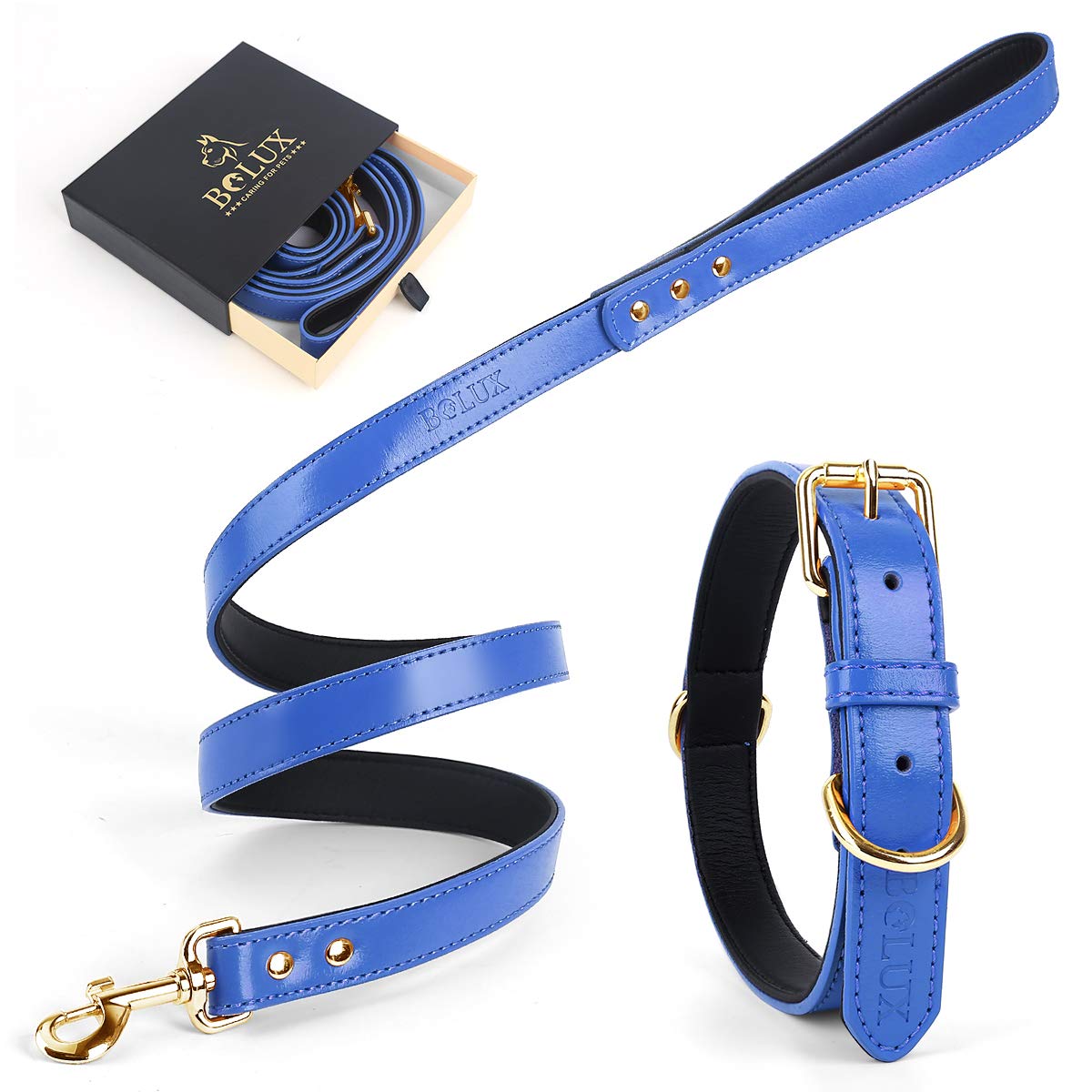 Bolux Durable Leather Dog Collar with Soft Pads & Leash - Heavy Duty Wide Pet Collar for Small, Medium & Large Dogs (Blue, Size S) - Perfect for Daily Walks, Training & Outdoor Adventures