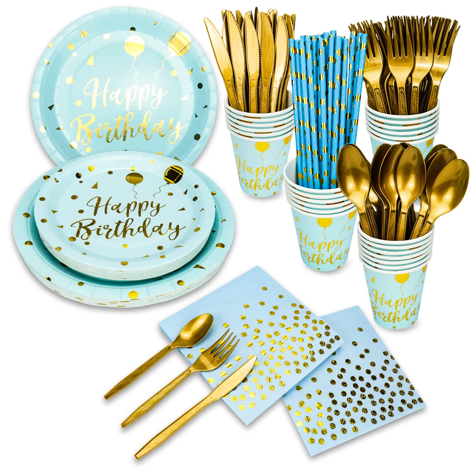 200-Piece Gold Disposable Party Dinnerware Set - Elegant Black Paper Plates, Napkins, Cups with Gold Plastic Cutlery (Forks, Knives, Spoons) - Perfect for Birthday Parties, Weddings & Special Events (Serves 25 Guests, Blue & Gold Theme)
