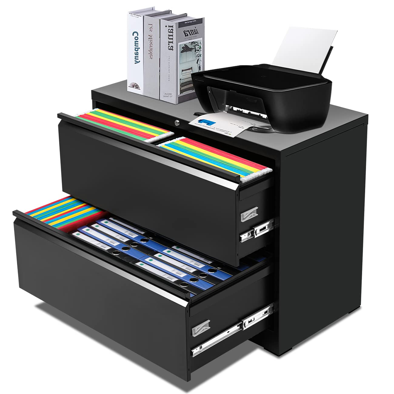 Superday 2-Drawer Lateral File Cabinet - Locking Metal Office Cabinet for Legal/Letter/A4/F4 Documents - No-Screw Assembly - Black - Perfect for Home Office Organization & Secure Document Storage