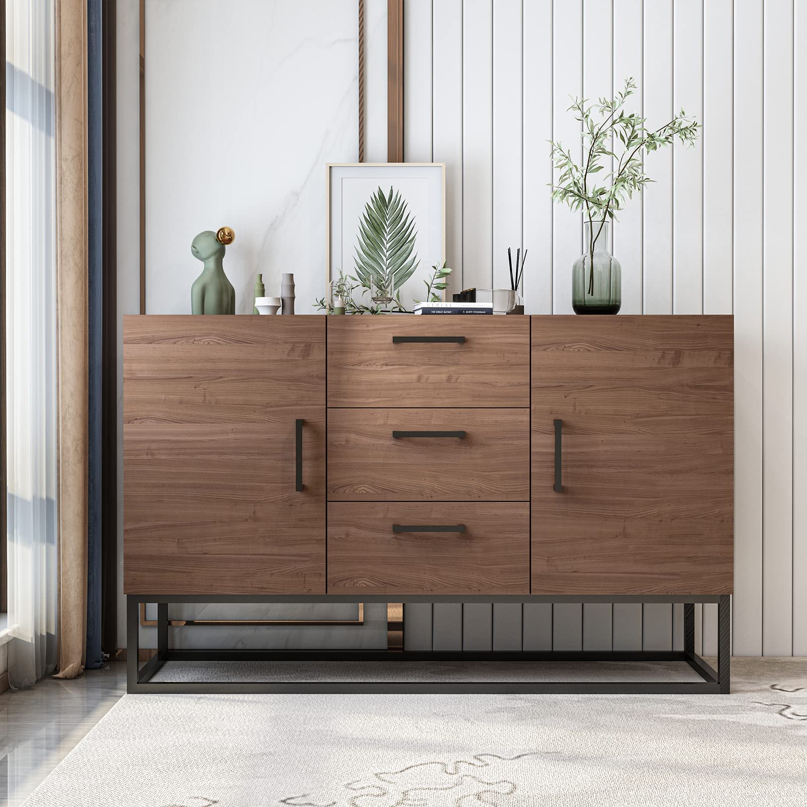 Modern Sideboard Buffet Table with 3 Drawers & 2 Cabinets - CANMOV Brown Kitchen Storage Cabinet for Dining Room & Living Room Organization