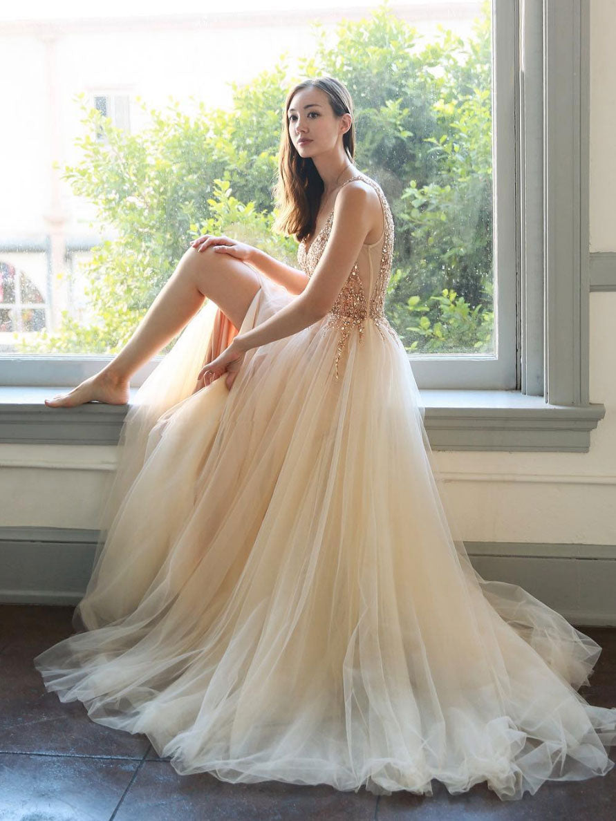 Elegant Champagne V-Neck Tulle Beaded Long Prom Dress - Formal Evening Gown for Homecoming, Wedding, and Special Occasions