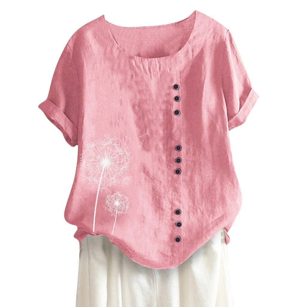 FQZWONG Women's Casual Short Sleeve Boho Blouse - Loose Fit Crew Neck Button Down Summer T-Shirt for Going Out | Perfect for Beach, Vacation & Everyday Wear
