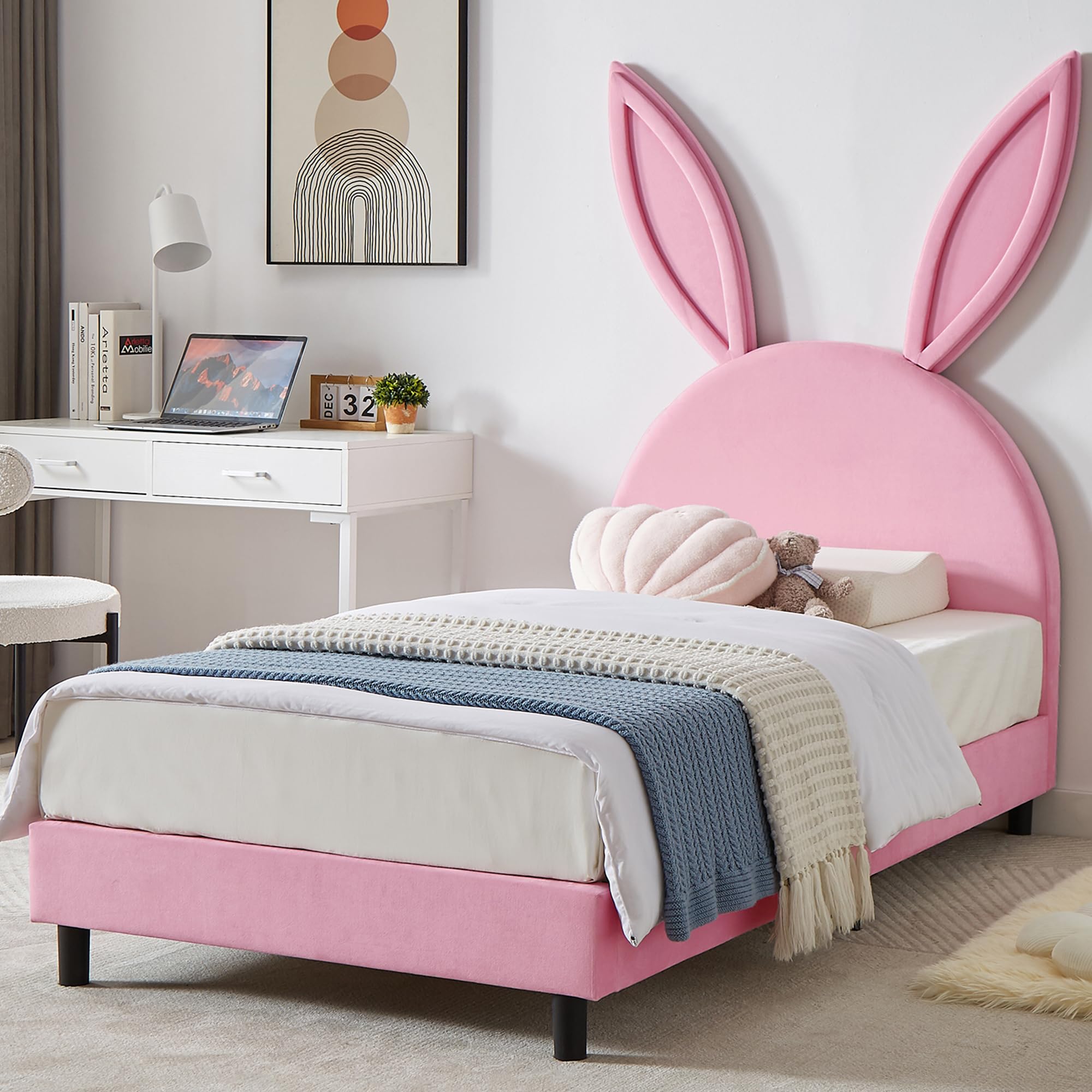 VECELO Twin Bed Frame for Kids with Upholstered Headboard - Princess Style Wooden Bed for Girls, 12-Slat Support, No Box Spring Needed - Perfect for Girls' Bedroom, Kids Room Decor & Sleepover Fun
