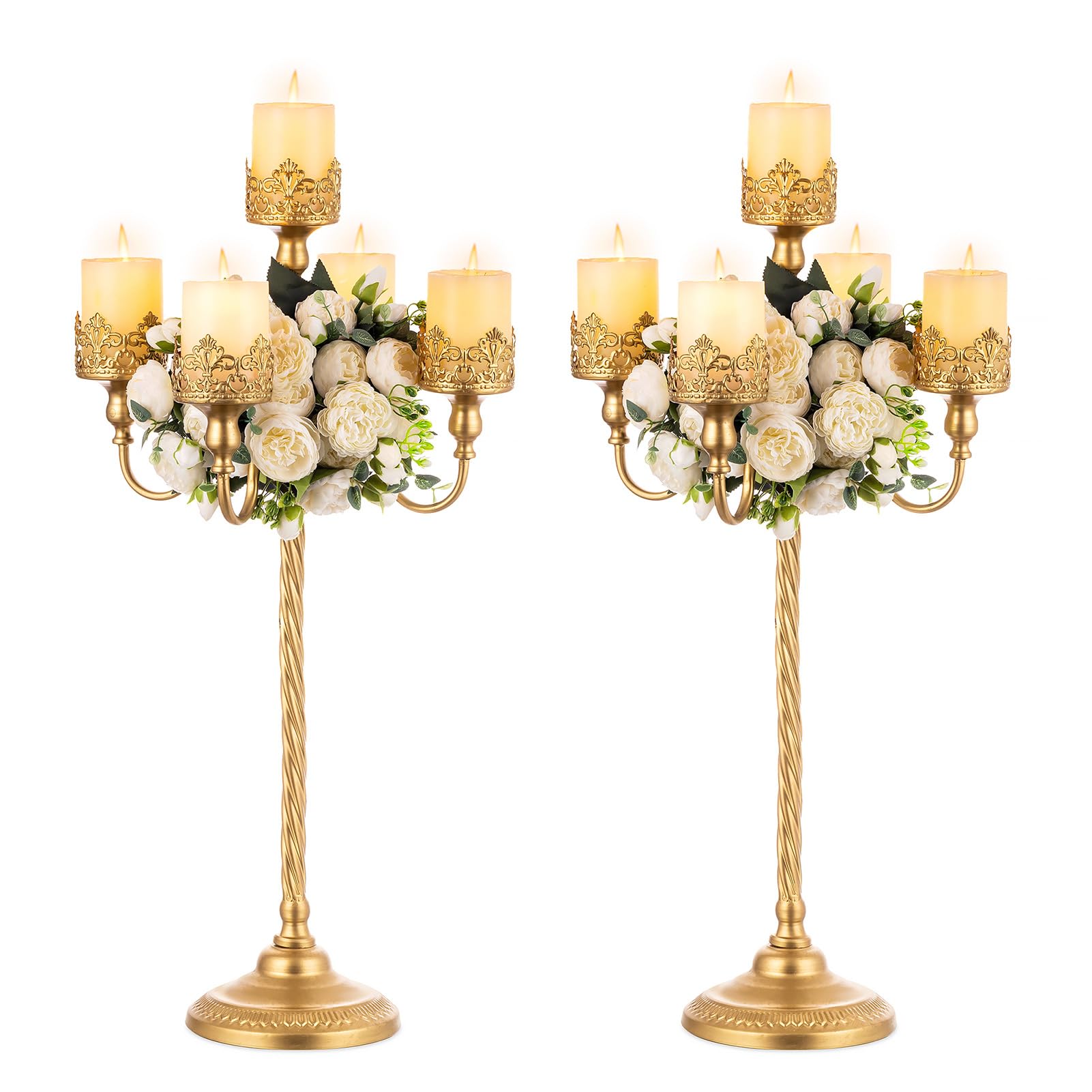 NUPTIO 30-inch Gold Candelabra Set of 2 - 5-Candle Metal Candle Holders for Wedding Centerpieces, Party Decor, Fireplace & Dining Table - Elegant Pillar Candle Stand for Home Decor & Special Events
