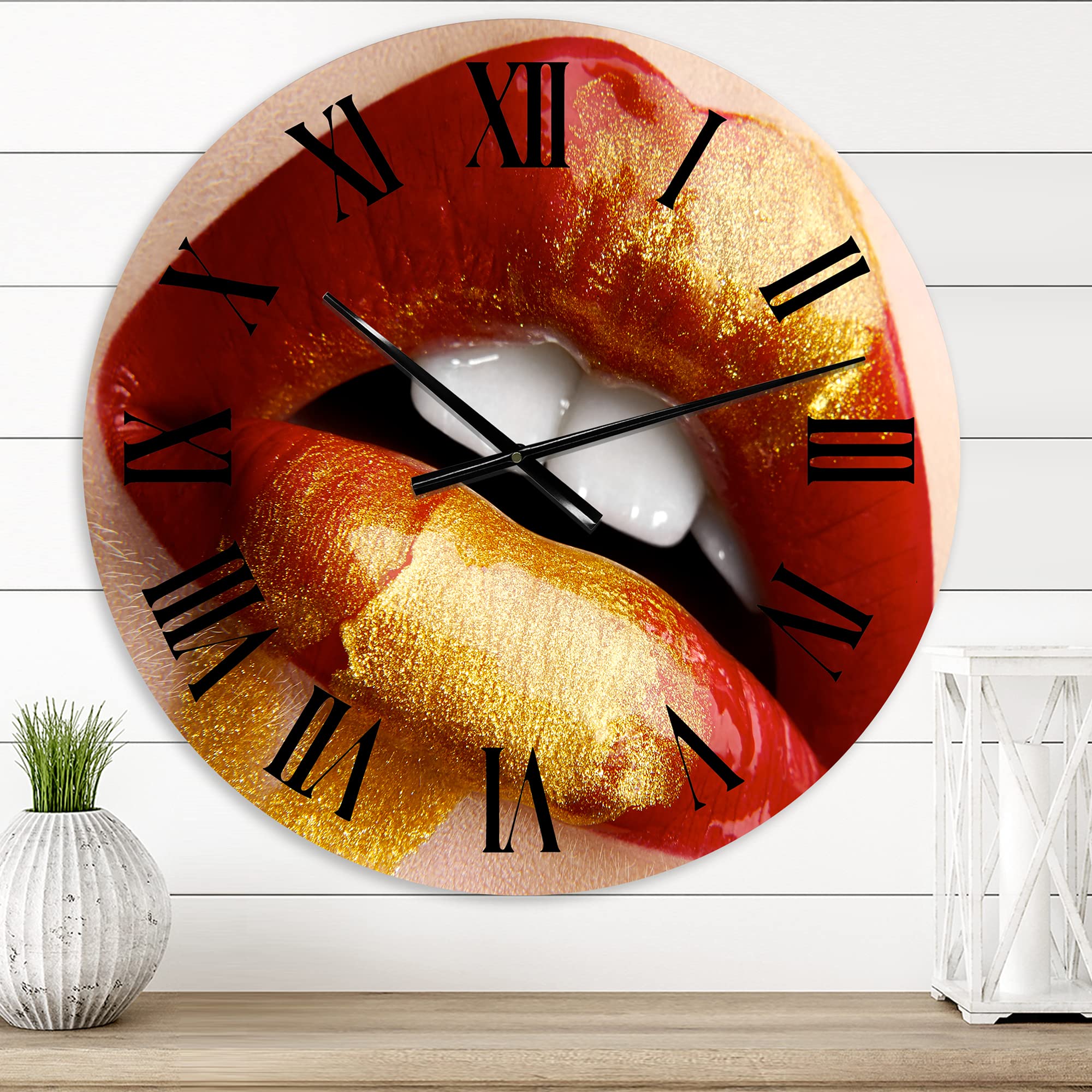 DesignQ Modern Large Wall Clock - Plump Woman Lips Artwork in Red & Gold - Elegant Living Room Decor for Home & Office