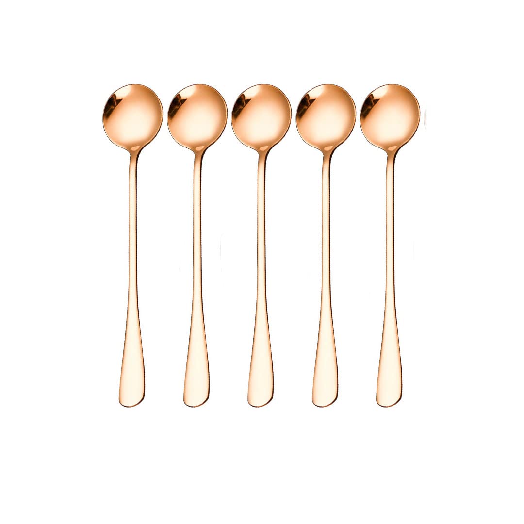 Rose Gold Stainless Steel Serving Spoons Set of 5 - Mirror Polished Soup, Rice & Dessert Spoons for Tea, Coffee, Milk - Elegant Tableware for Parties, Weddings & Home Dining