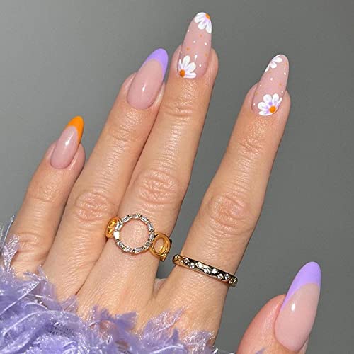 Aksod 24Pcs Press on Nails - Glossy Almond French Tip False Nails with Floral Design, Long Oval Full Cover Artificial Nails for Women & Girls | Perfect for Parties, Weddings, Date Nights & Special Occasions