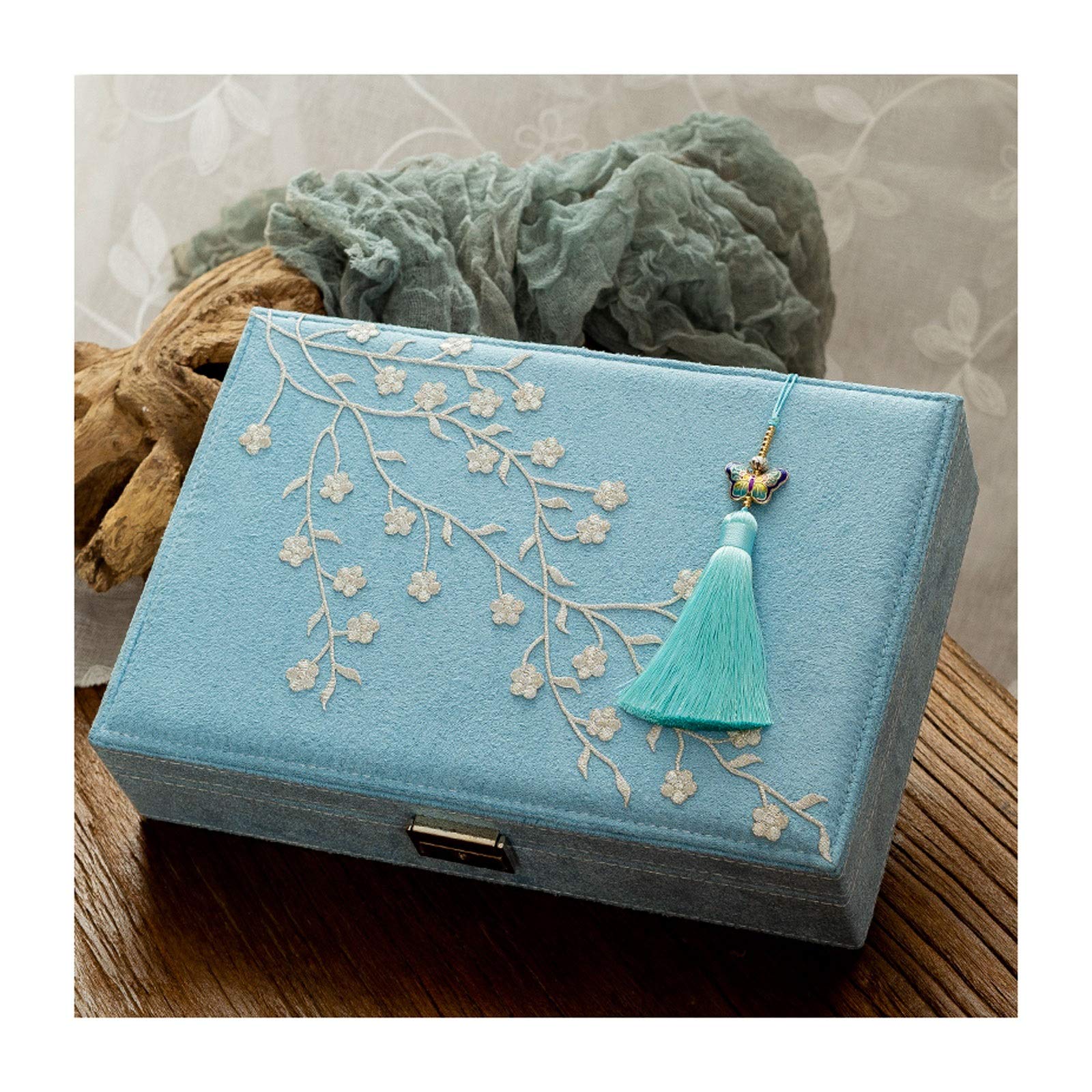Zongshengshop 2-Layer Flannel Jewelry Box Organizer with Lock - Chinese Style Embroidered Jewelry Storage Case for Women (Blue) - Perfect for Gift Giving, Wedding Jewelry Display & Home Organization