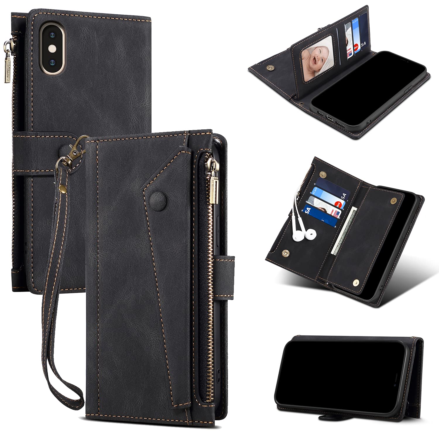 Premium Leather RFID Blocking Wallet Case for iPhone Xs Max - Luxury Folio Flip Cover with Zipper Pocket & Wrist Strap | Slim Protective Phone Case for Business, Travel & Everyday Use (Black)