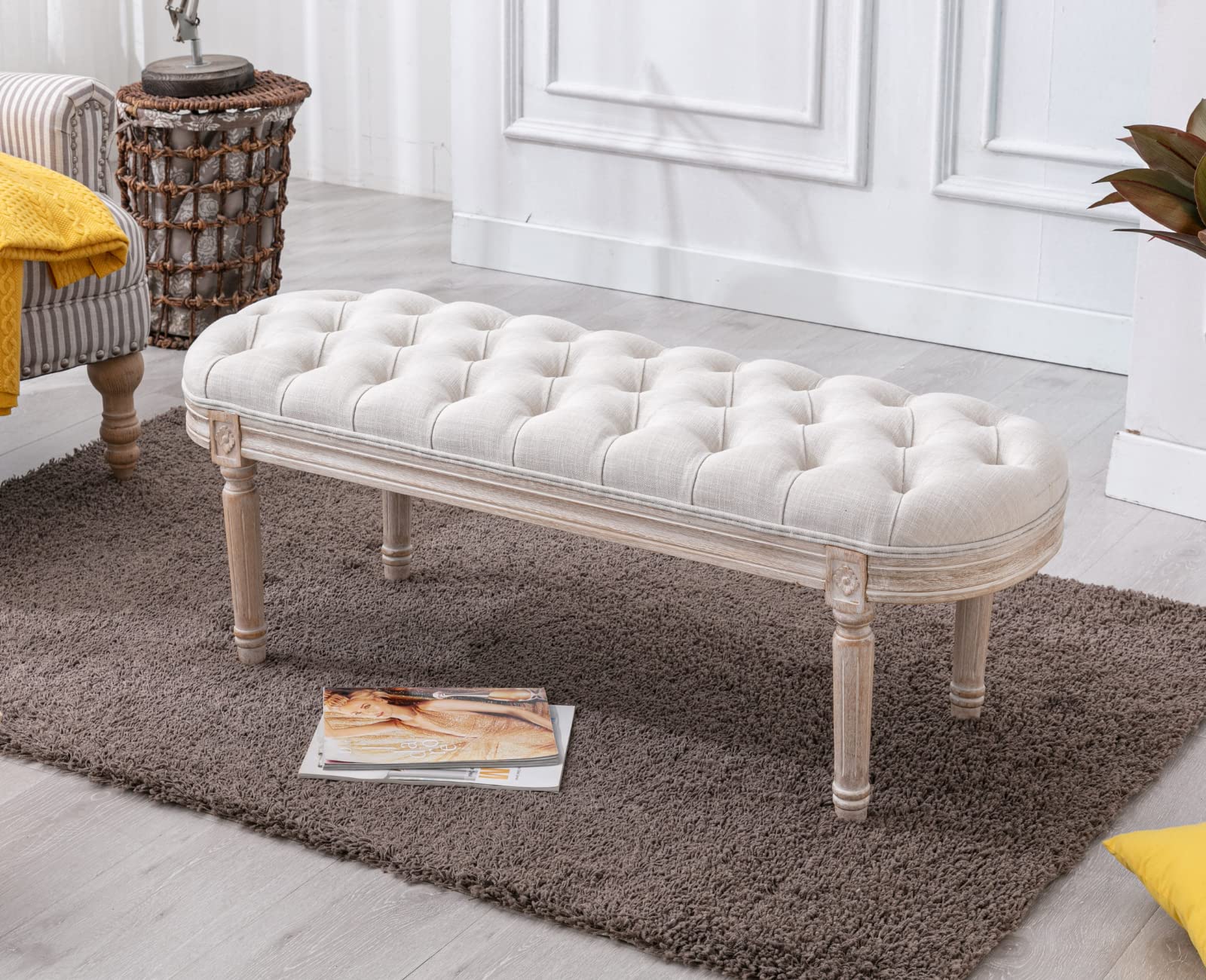 EALSON Button Tufted Ottoman Bench - Upholstered Long Entryway Bench with Padded Seat & Wood Legs - Farmhouse Style for Bedroom, Foyer, Hallway, Living Room - Linen Beige - Perfect for Bed End, Entryway Seating & Home Decor
