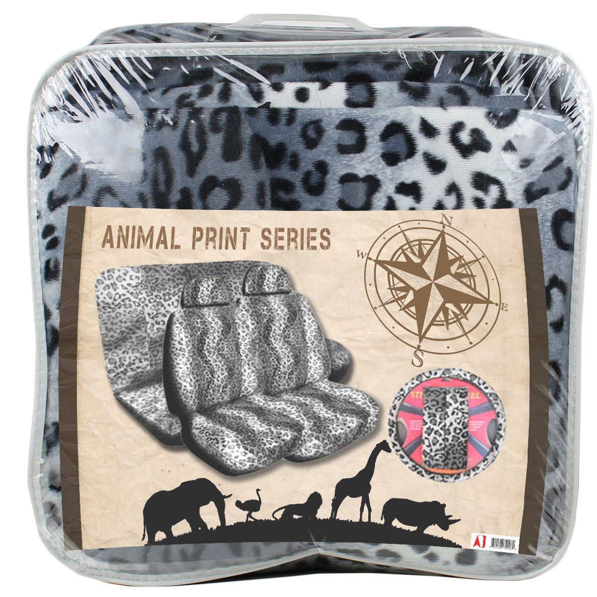 13-Piece Safari Leopard Snow Print Car Seat Cover Set - Includes 2 Low Back Covers, 4 Floor Mats (Front & Rear), Bench Cover, Steering Wheel Cover & Shoulder Pads - Universal Fit for Cars, Trucks & SUVs - Perfect for Road Trips, Camping & Outdoor Adventures