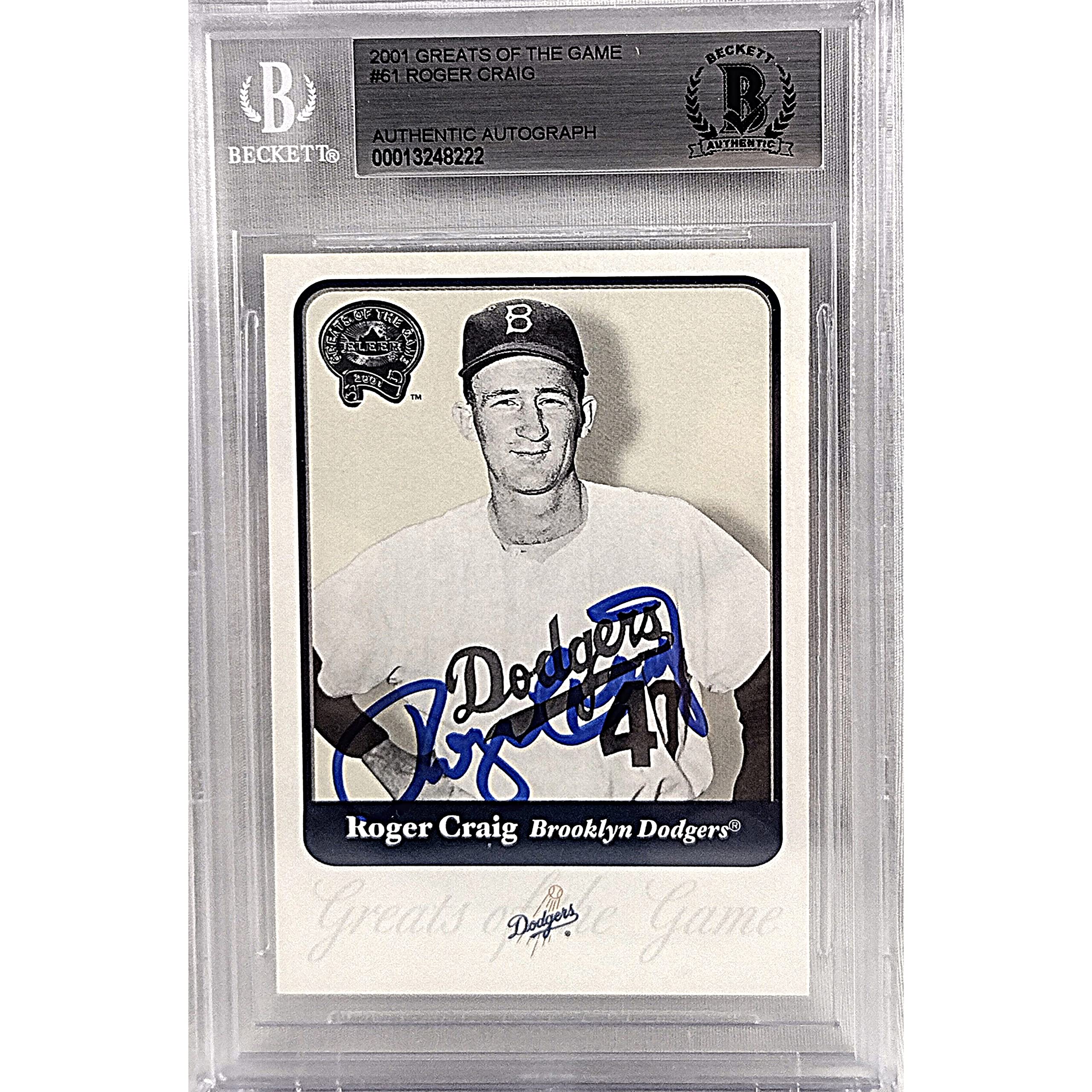 Roger Craig Autographed Brooklyn Dodgers 2001 Fleer Greats of the Game Baseball Card - Beckett Certified - Perfect for MLB Memorabilia Collections and Sports Fan Gifts