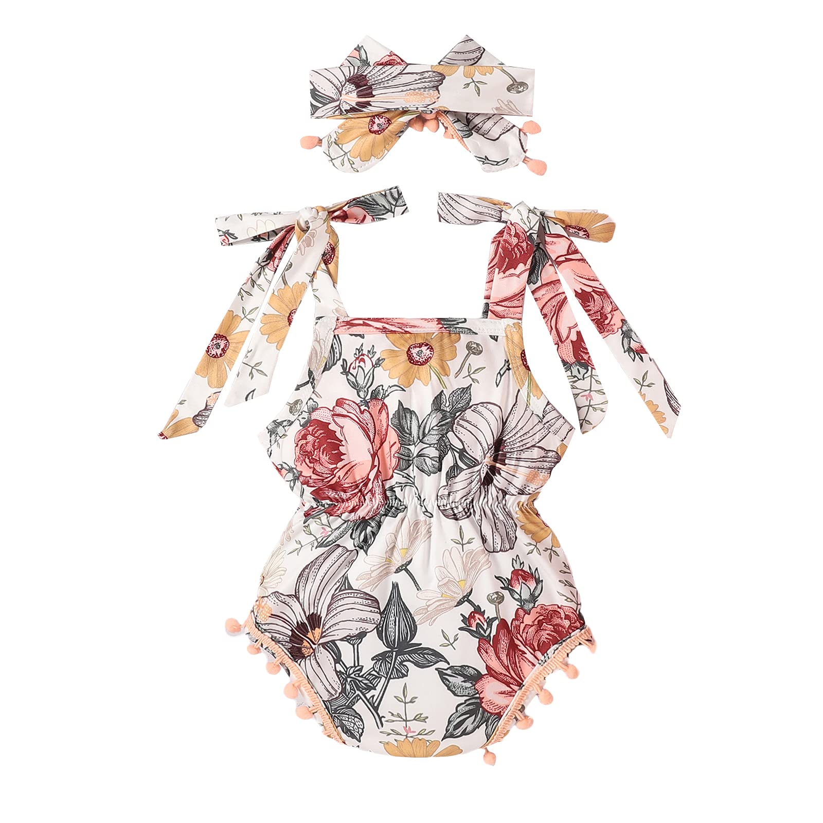 Douhoow Baby Girls Clothes - Sleeveless Floral Pom Pom Tie-Up Romper Outfit with Headband for 12-18 Months | Cute Summer Dress for Photoshoot, Birthday Party & Outdoor Play
