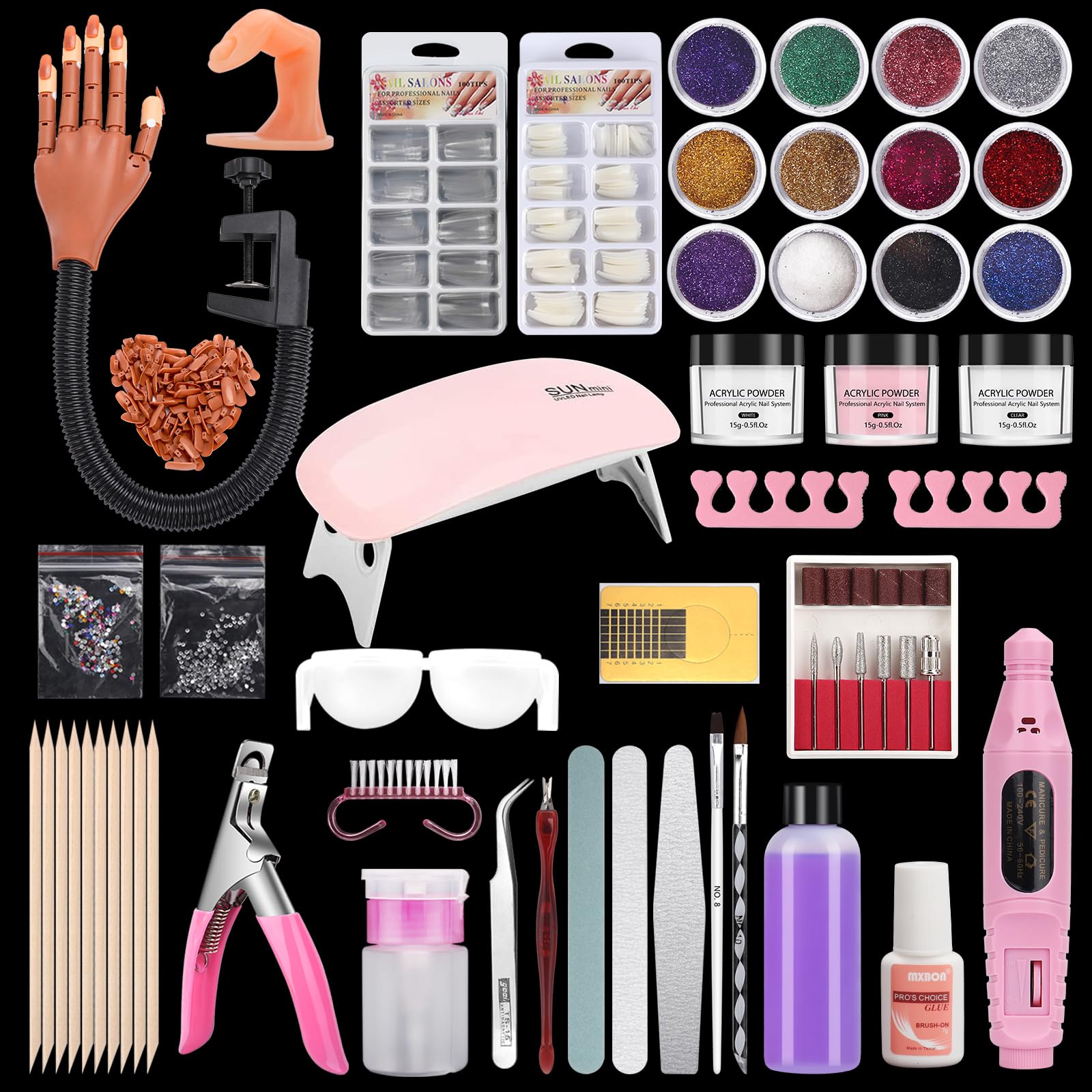 Professional Acrylic Nail Practice Hand - Flexible Fake Nail Training Kit with Movable Fingers, Nail Drill & Dryer Lamp - 12 Color Acrylic Powder Set for Beginners - Perfect for Salon Training & Home Nail Art Practice
