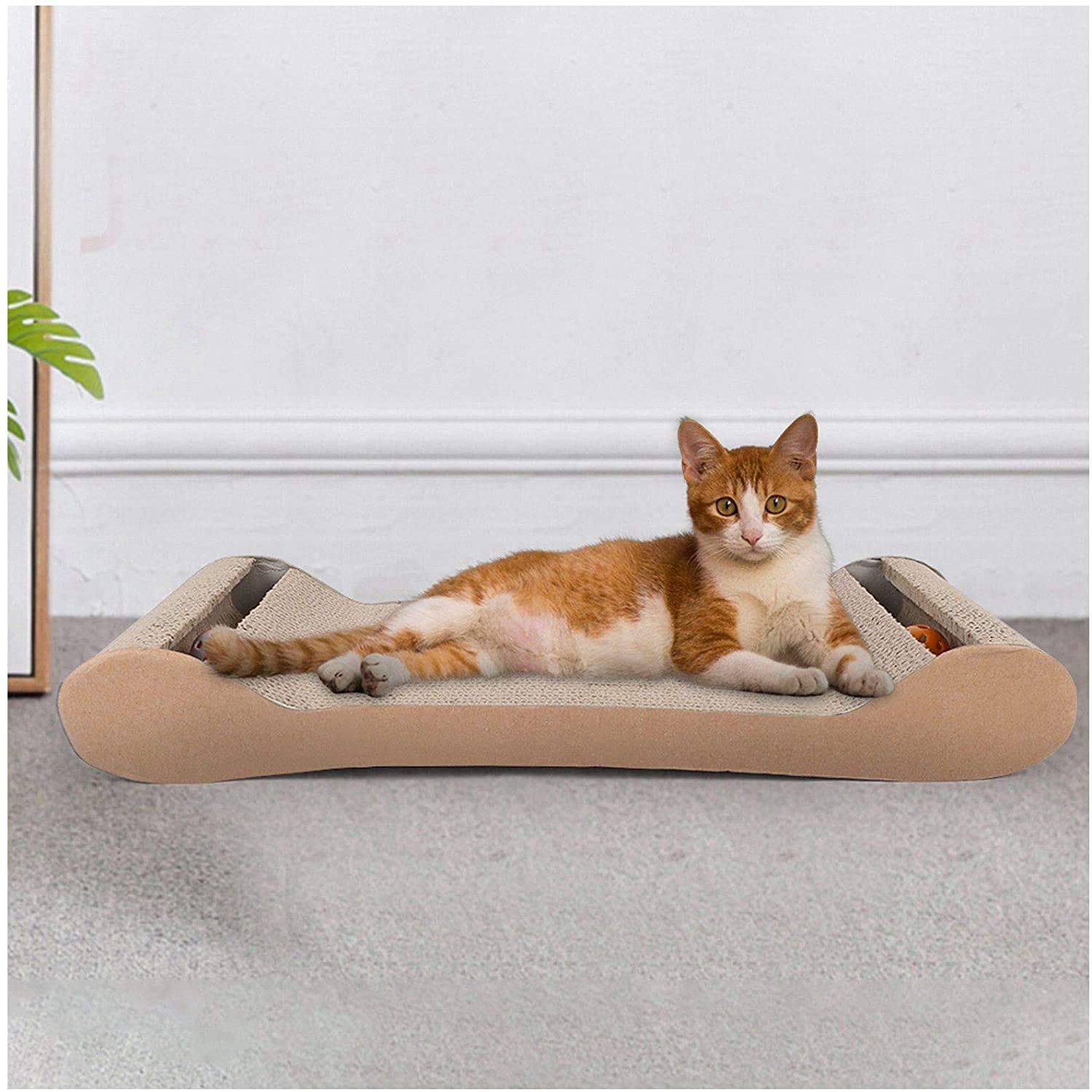 Large Cat Scratching Board with Bells - Reversible Corrugated Cardboard Cat Toy & Ball-Bed, Ergonomic Design (26.37 x 9.84 x 3.34 inches, Khaki) - Perfect for Indoor Cats to Play, Scratch & Relax