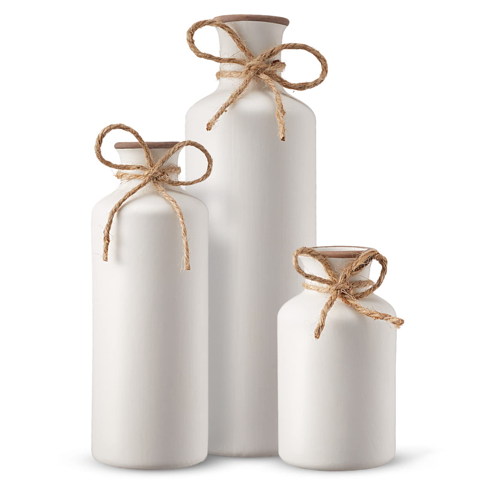 3Pcs Ceramic Vases Set - Rustic Farmhouse Decor for Living Room, Table, Bookshelf & Entryway - White Flower Vases for Home Decor, Wedding Centerpieces & Gifts - Perfect for Modern Interior Design & Housewarming