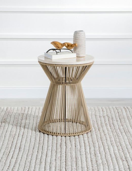 Biscayne Round Rope End Table with Travertine Top - Beige Coastal Side Table for Living Room, Bedroom, or Patio Decor