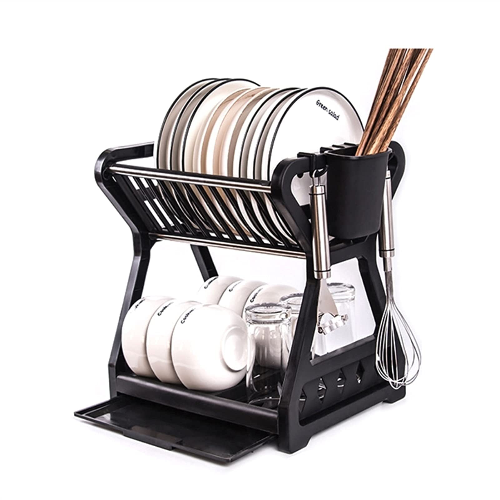 HFTD 2-Tier Dish Drainer with Chopstick Holder - Stainless Steel Kitchen Dish Rack for Drying Bowls, Plates & Utensils | Space-Saving Tableware Organizer for Countertop (Black) - Perfect for Small Kitchens, Apartments & RV Use