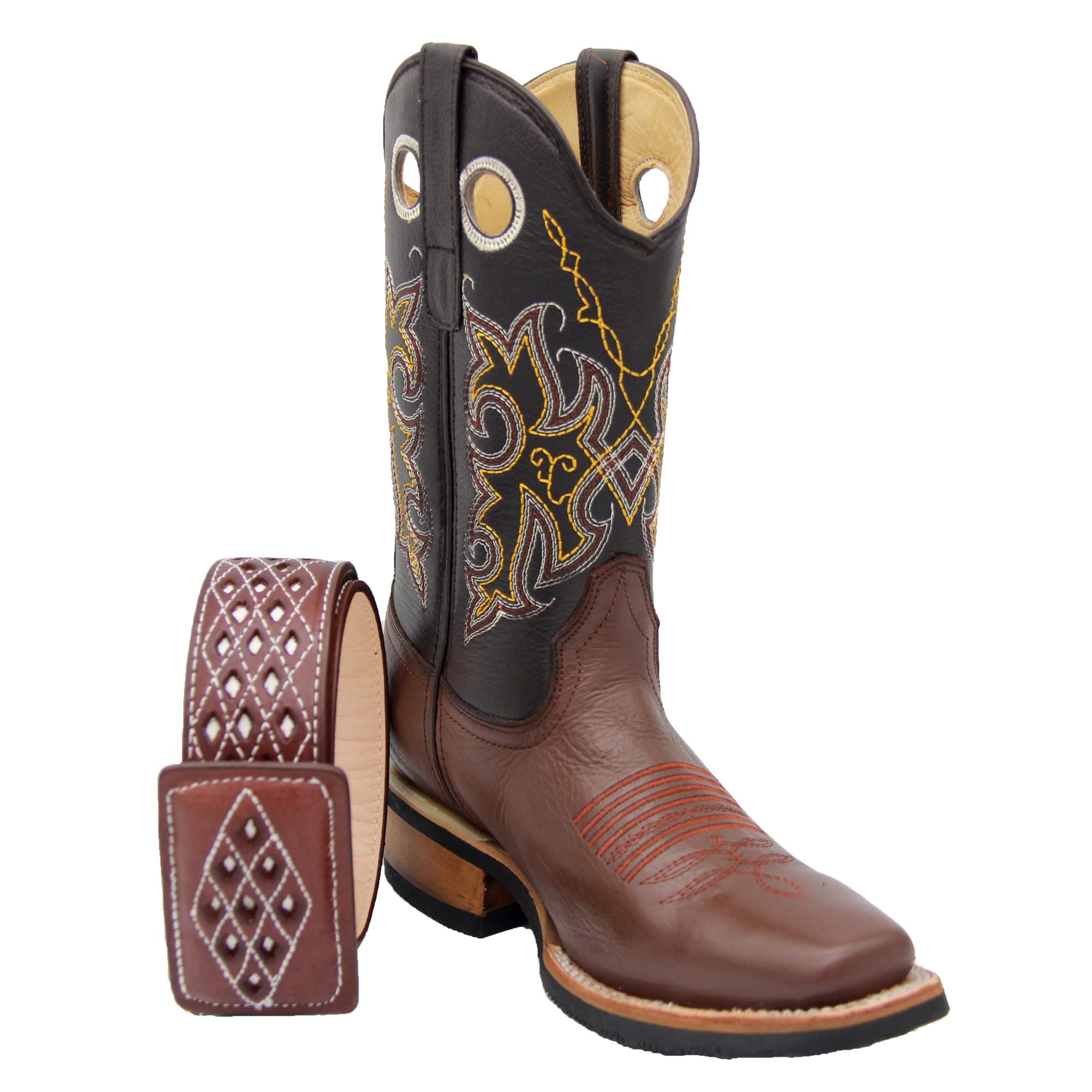 **Men's Genuine Leather Cowboy Boots Square Toe Rodeo Western Boots with Free Belt – Durable & Stylish for Riding, Work & Casual Wear**