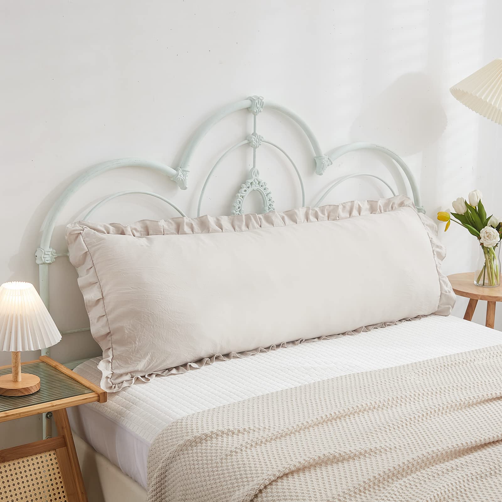 Beige Grey Ruffled Body Pillow Cover 20x54 Inches - Shabby Chic Decorative Pillowcase with Fringe Trim for Bedroom Decor | Perfect for Home, Dorm & Nursery