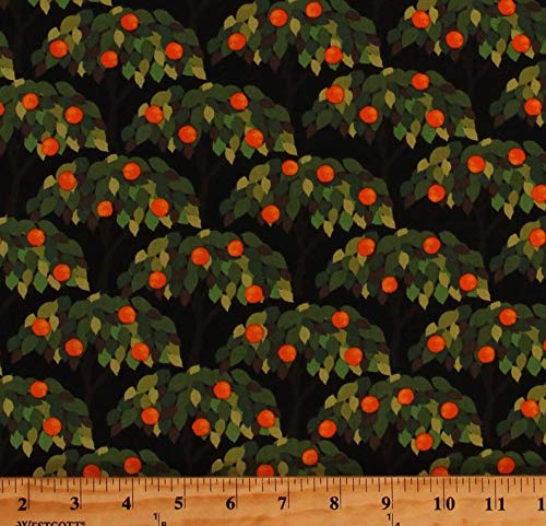 Premium Cotton Fabric Print - Orange Trees & Citrus Fruits Garden Design for DIY Sewing, Quilting, Home Decor & Craft Projects | Vibrant Black Background