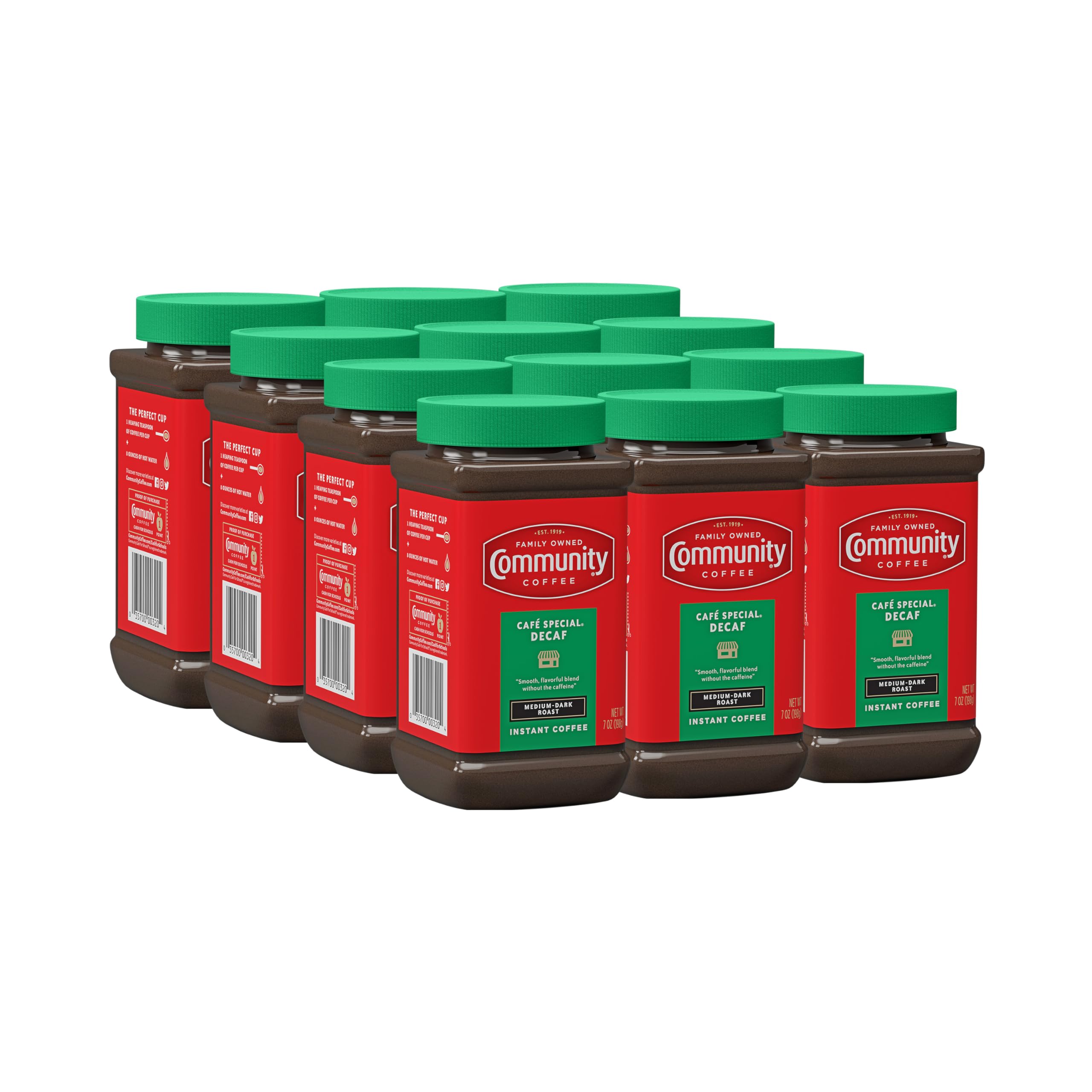 Community Coffee Café Special Decaf Instant Coffee - Medium Dark Roast, 7 Ounce Jar (Pack of 12) | Perfect for Office, Camping & Quick Breakfast at Home