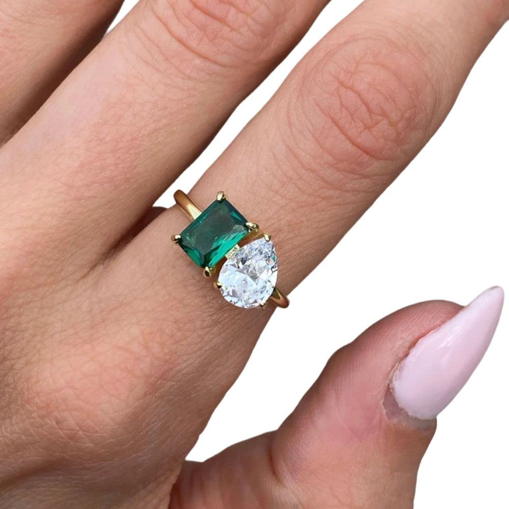 Phoenixjewel Toi Et Moi Ring - 2 Stone Engagement & Wedding Ring with Green Emerald Cut Diamond & Pear Gemstone - 14K Gold Plated Silver Ring for Women - Perfect for Mother's Day, Birthday Gifts & Anniversary Celebrations