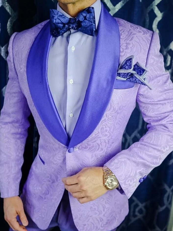 Lilac Pattern Groom Tuxedo Suit with Shawl Satin Lapel - Best Man Wedding Suit for Groomsmen - Perfect for Formal Weddings, Prom & Special Occasions