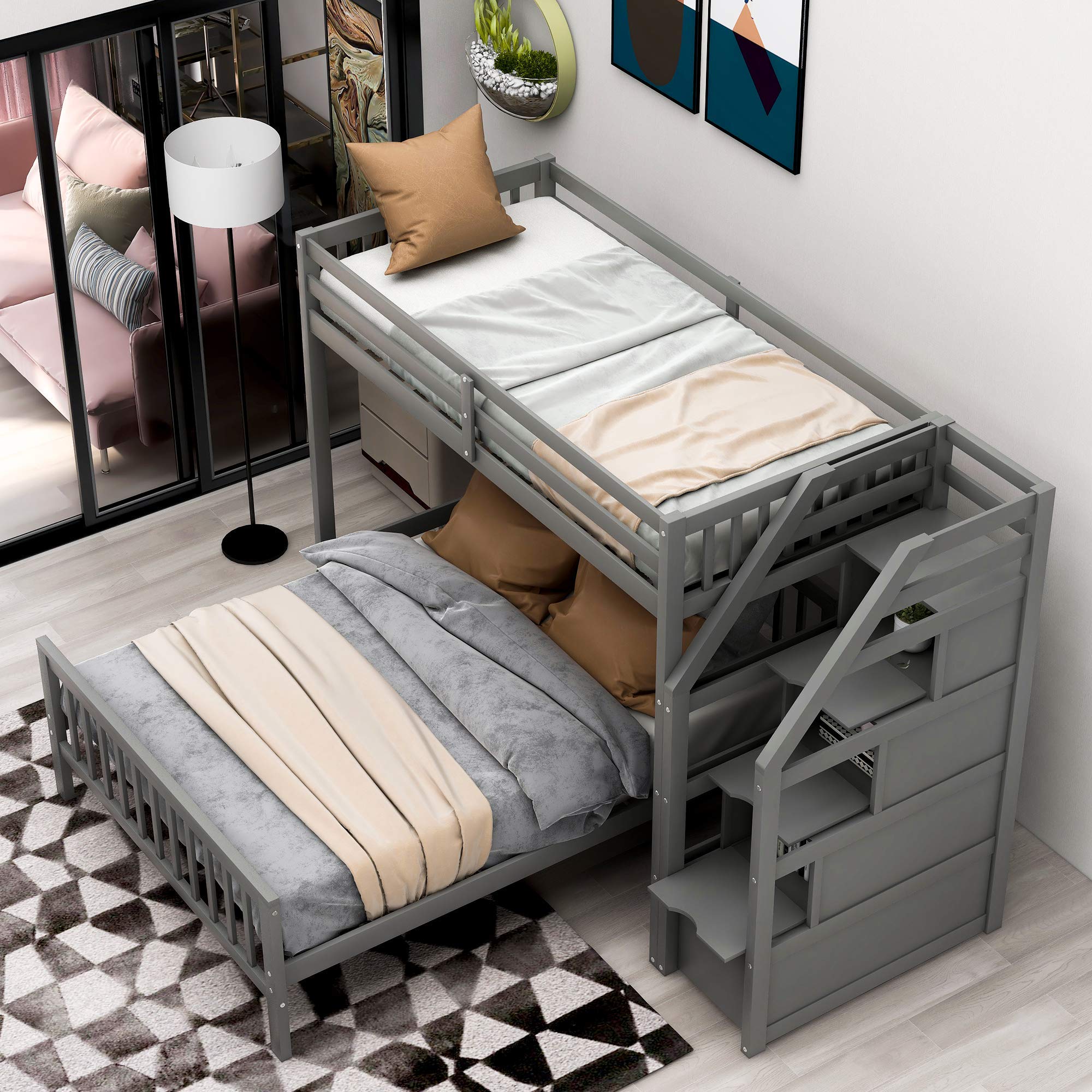 Harper & Bright Designs Twin Over Full L-Shaped Wood Bunk Beds for Kids with Stairway & Storage - No Box Spring Needed, Gray - Perfect for Small Bedrooms, Shared Kids' Rooms & Space-Saving Sleep Solutions