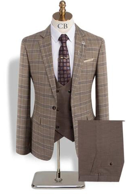 IN Stock Men's Checked Brown 3-Piece Formal Suit Set CS2426 | Business Attire, Wedding & Special Occasion Outfit