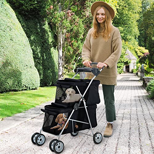 Double Tier Dog Stroller for 2 Medium Pets - Foldable 4-Wheel Cat & Dog Carrier with Breathable Mesh, Removable Cushion & Cup Holder - Perfect for Jogging, Travel & Outdoor Adventures (Black)