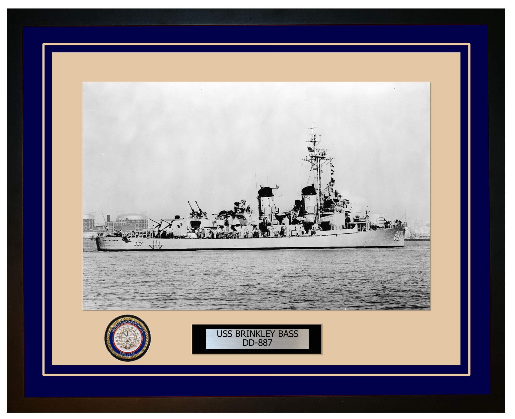 USS Brinkley BASS DD-887 Navy Destroyer Framed Photo - 476DD887Blue - Perfect for Military History Enthusiasts & Home Office Decor