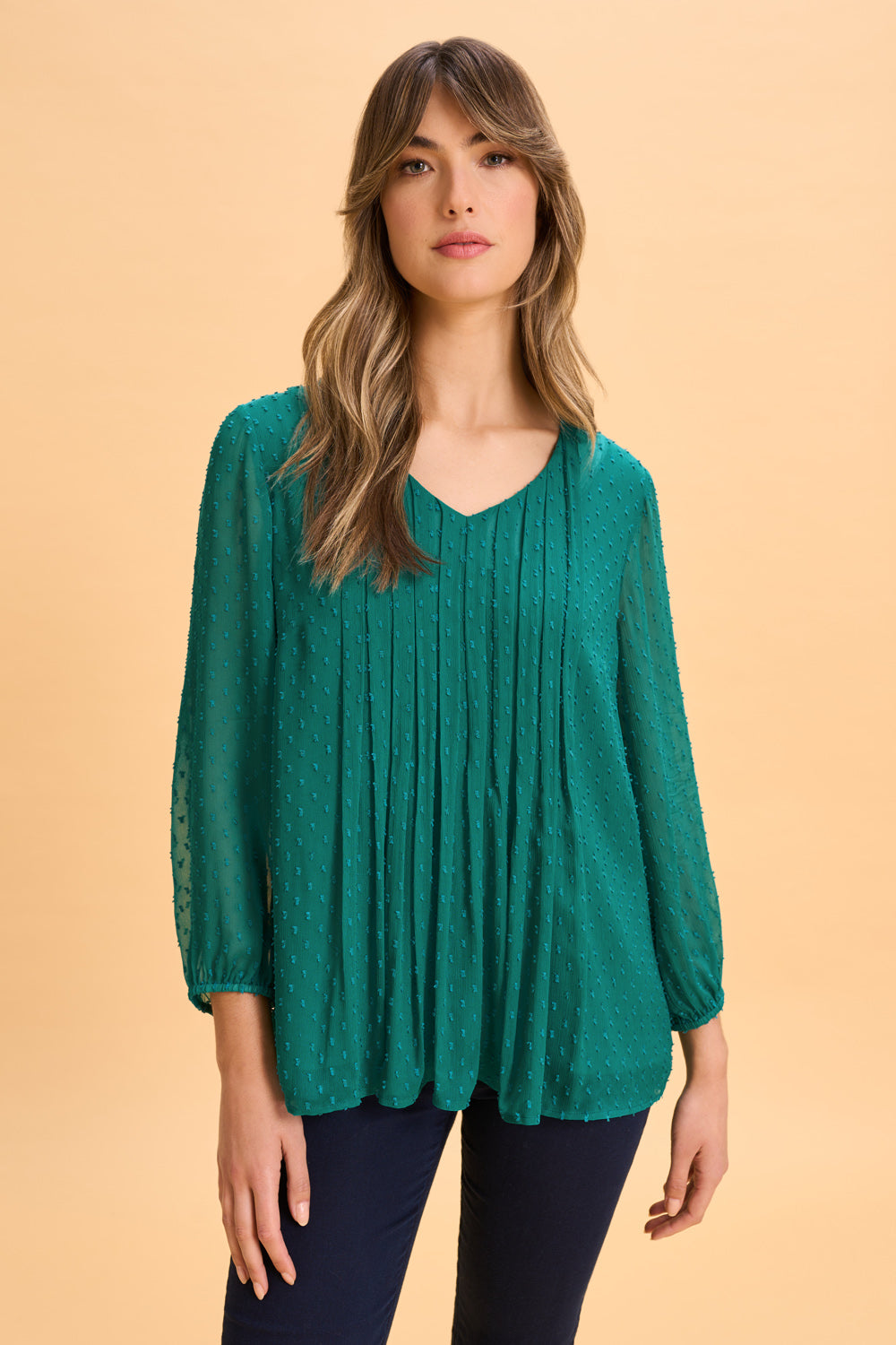 Elegant Clipped Georgette Blouse for Women - Meadow Green Flowy Top for Office Wear & Casual Outfits
