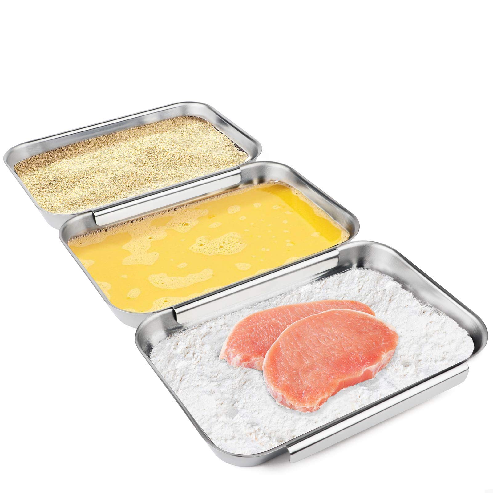HULISEN 3-Piece Stainless Steel Breading Pans Set for Marinating Meat, Chicken, Fish - Food Prep & Coating Trays, Oven Safe for Baking Cakes - Perfect for Kitchen, Restaurant & Home Cooking