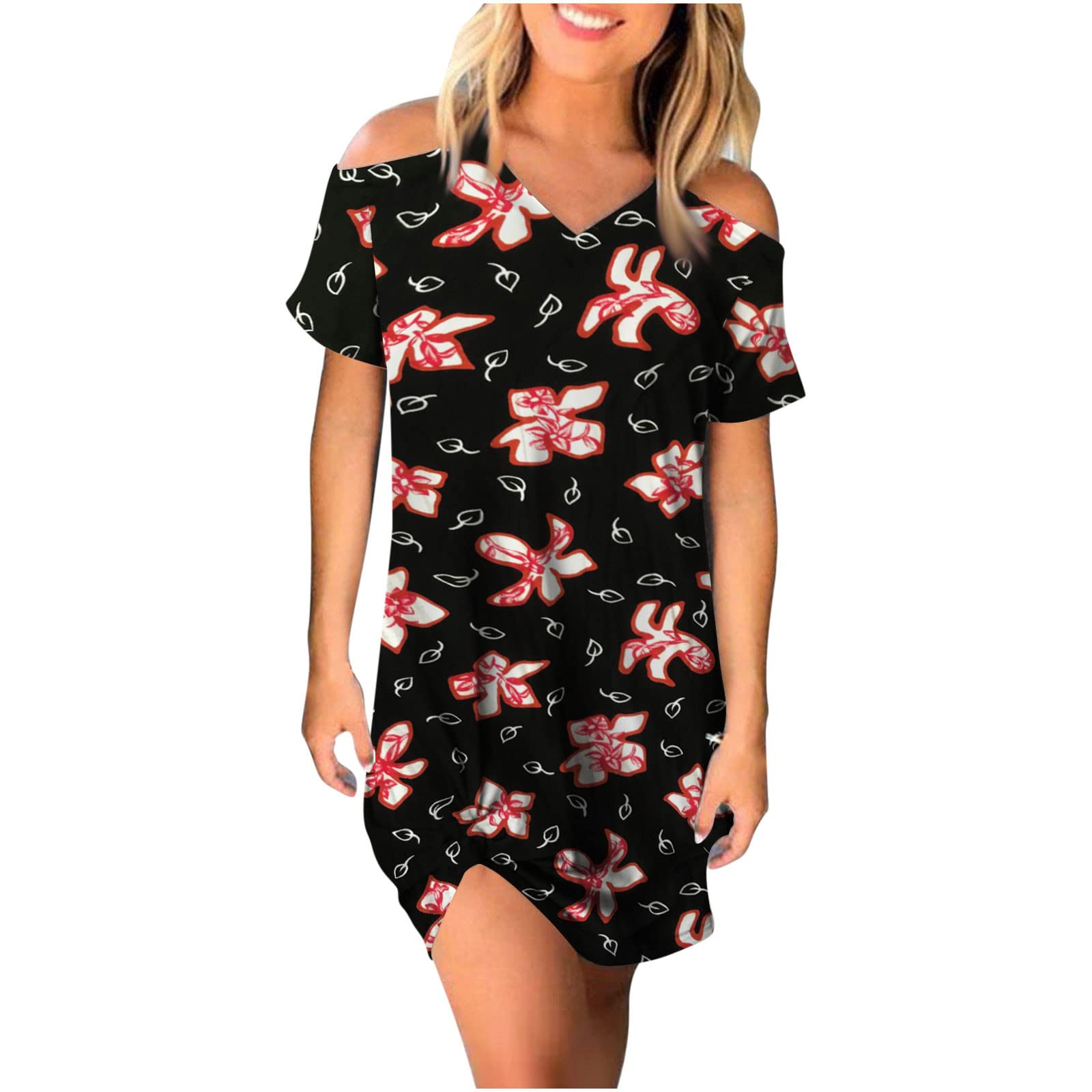 Sexy Floral Summer Dress for Women - V Neck Short Sleeve Boho Mini Dress with Cold Shoulder | Perfect for Beach Vacation, Sundress, Party & Casual Wear