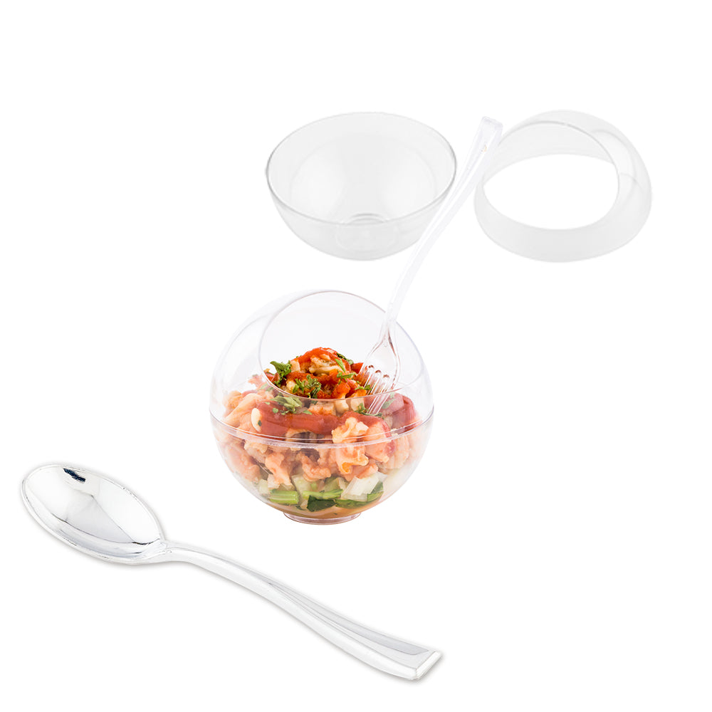 100 Pack 3 oz Clear Plastic Balloon Bowls with 100 Silver Mini Spoons - Perfect for Party Favors, Baby Showers & Wedding Decorations