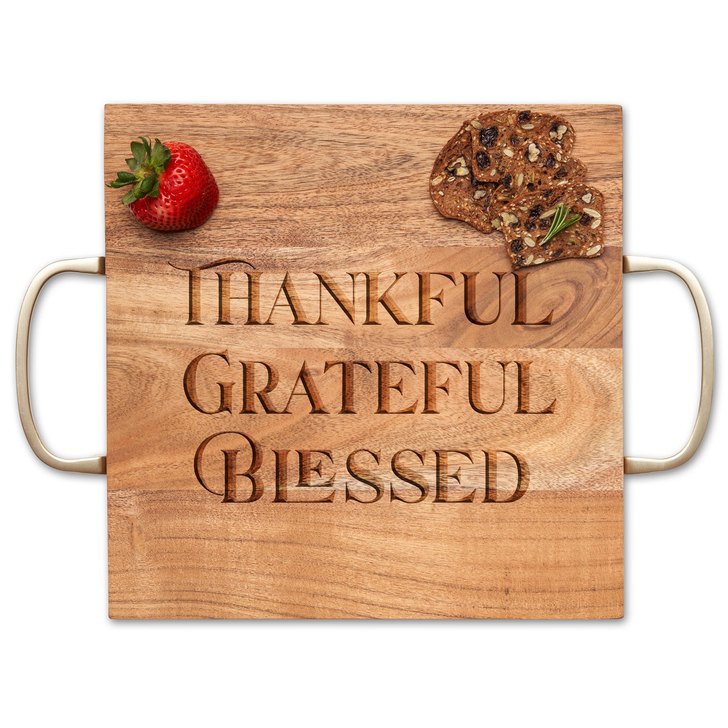 Acacia Modern Square Tray with Gold Handles - Thankful Grateful Blessed Wooden Serving Tray 12x12 Inches - Perfect for Home Decor, Coffee Table Centerpiece & Gift Giving