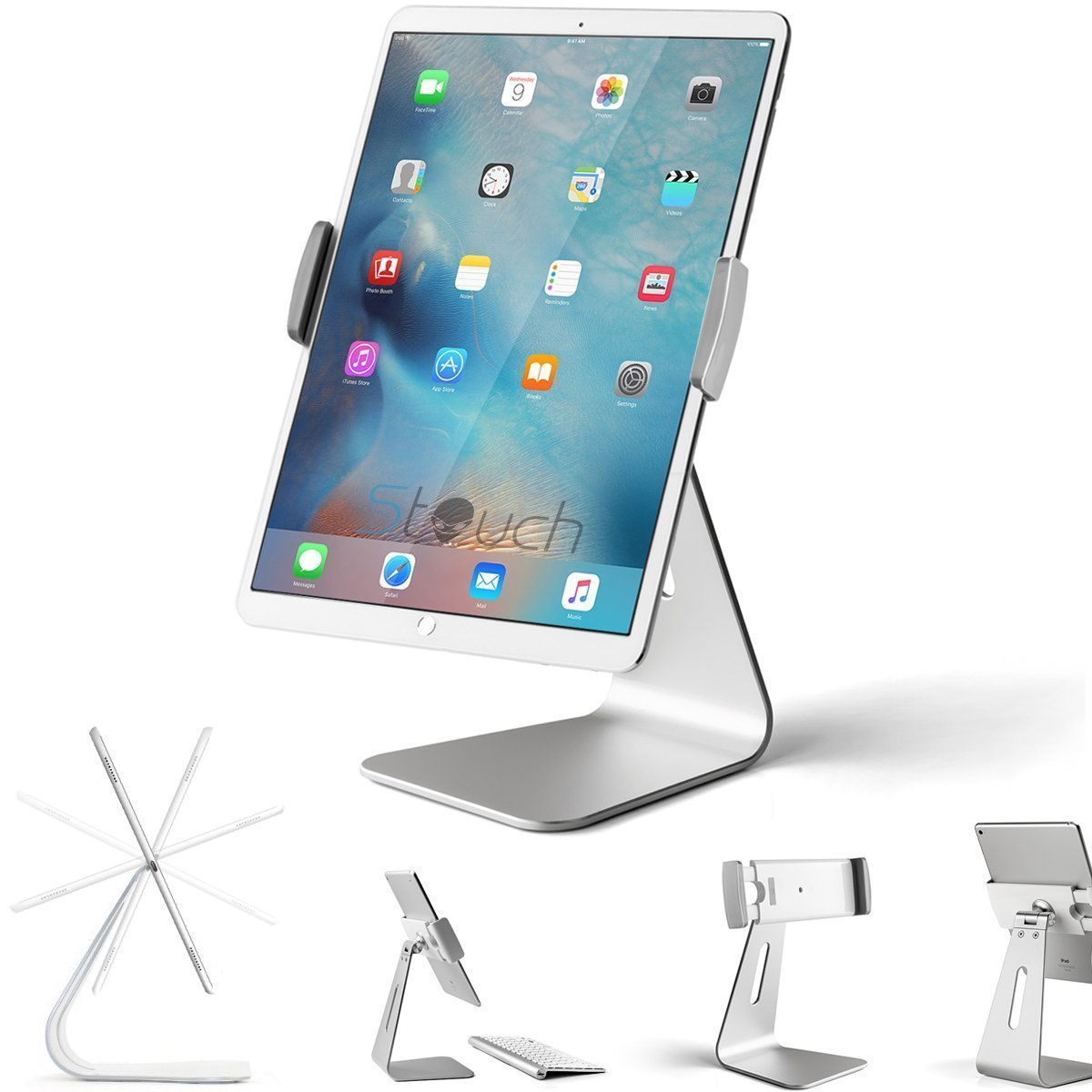 360° Rotatable Aluminum Tablet Stand Holder for 7-13 Inch Devices - Compatible with iPad Pro/Air/Mini, Galaxy Tab S8, Surface Pro & More - Perfect for Office, Home, Kiosk & POS Systems (Silver)