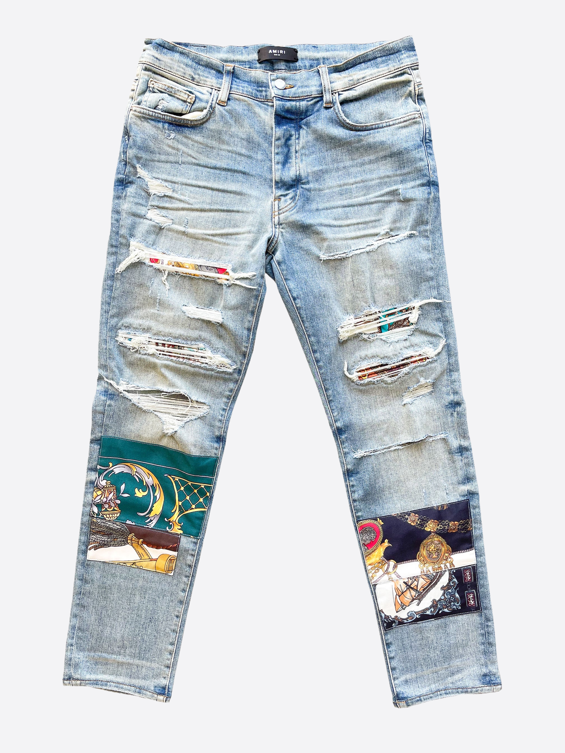 Amiri Patch Jeans for Men - Distressed Denim with Scarf Design | Perfect for Casual Wear, Street Style & Night Out