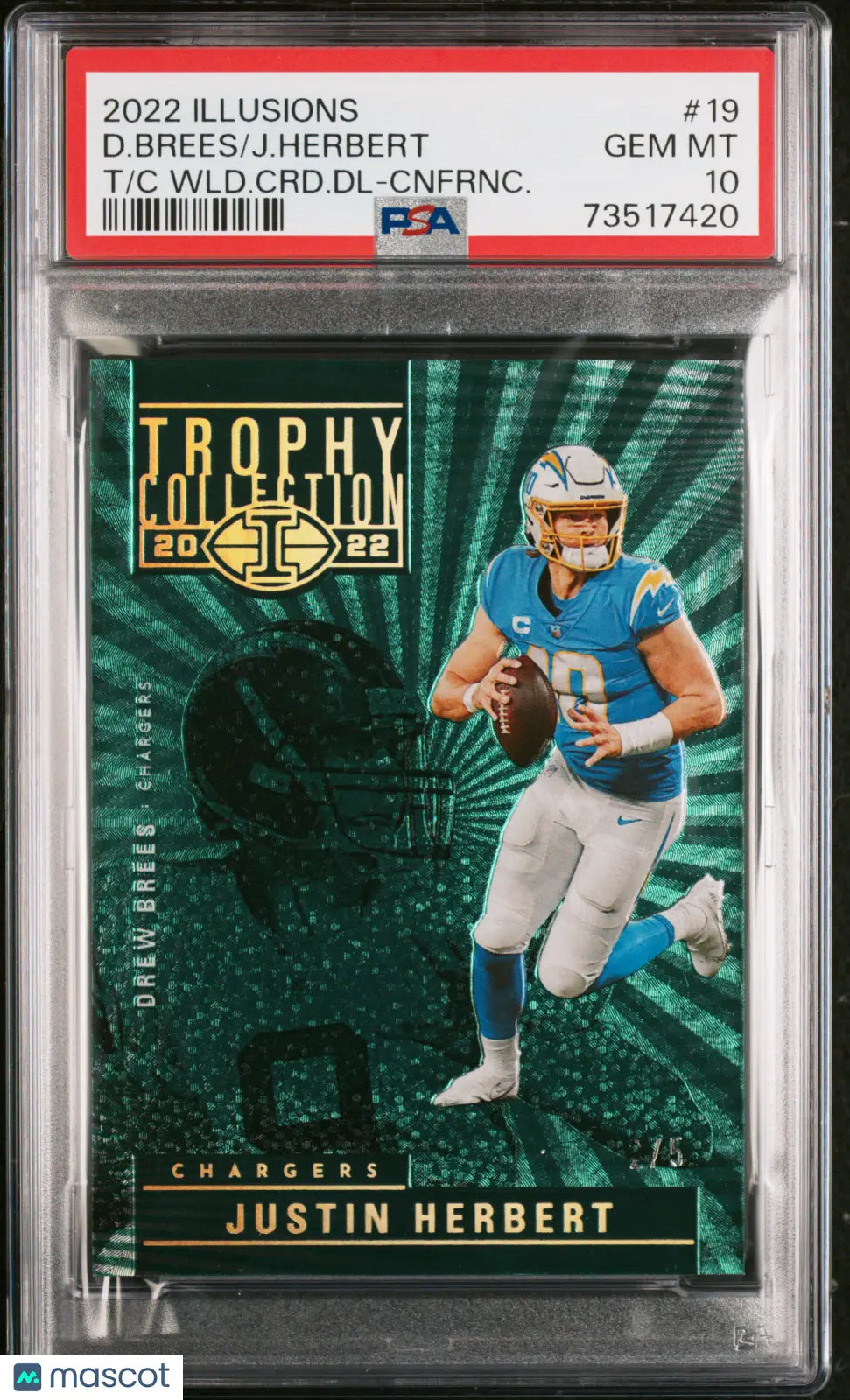 2022 Panini Illusions Football Justin Herbert & Drew Brees Dual Patch Auto Green Conference PSA 10 Gem Mint /5 - Rare NFL Trading Card for Collectors & Sports Memorabilia Enthusiasts