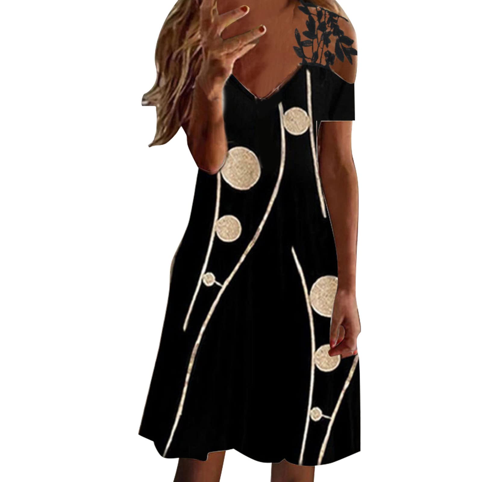 Elegant Women's Summer V-Neck Printed Loose Dress - Off The Shoulder Flowy Dress in Red & Black | Perfect for Beach Vacations, Date Nights & Casual Outings