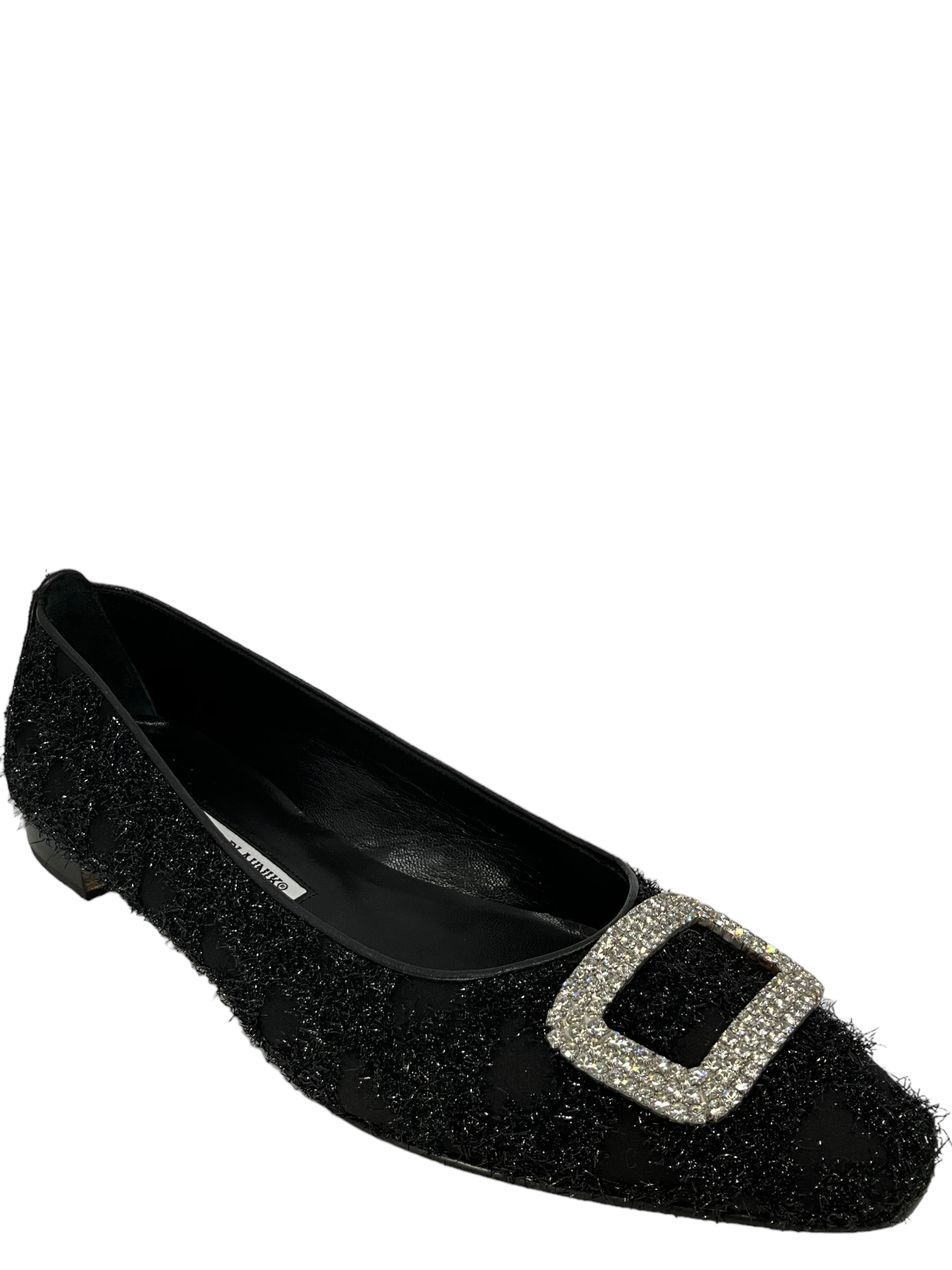 Manolo Blahnik Black Textured Fabric Flats for Women - Size 11 | Comfortable & Stylish Ballet Flats for Work, Office & Casual Wear