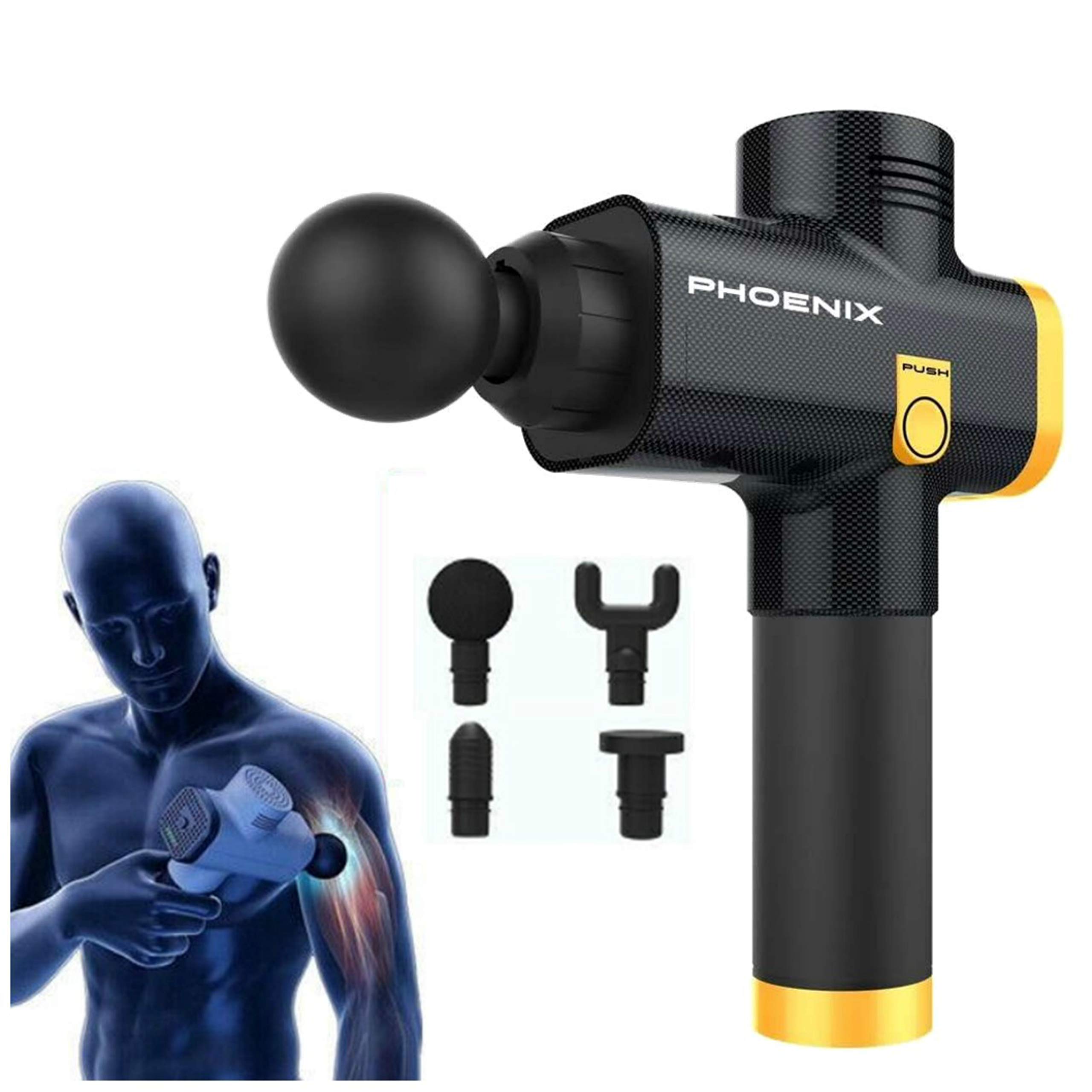 Powerful Cordless Deep Tissue Massage Gun for Muscle Pain Relief - Handheld Percussion Massager with 4 Interchangeable Heads, Black | Perfect for Post-Workout Recovery, Athletes & Home Use