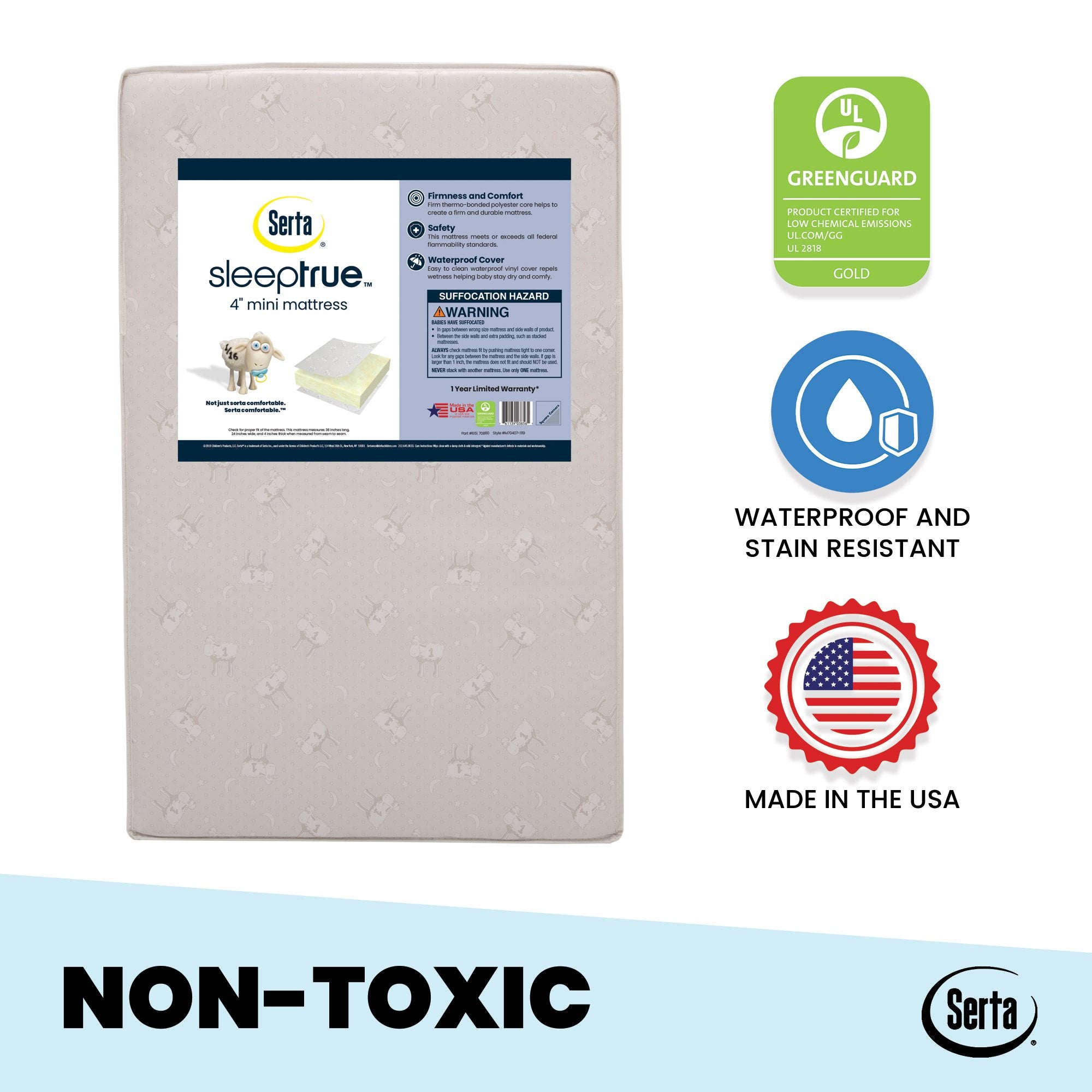 Serta SleepTrue 4 Inch Mini Crib Mattress - Firm Support for Baby's Safety & Comfort - Perfect for Nursery, Daycare & Travel Cribs