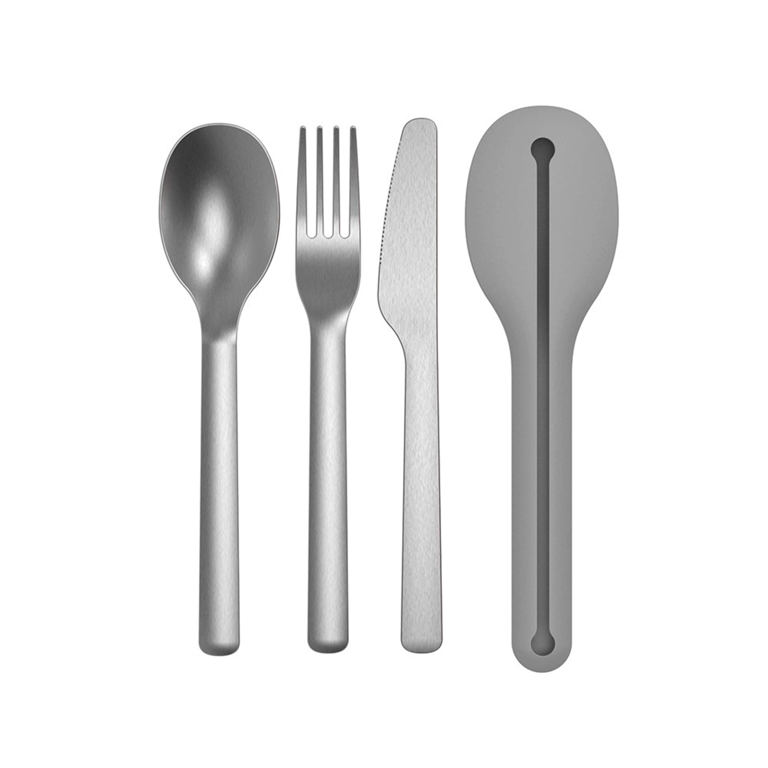 BergHOFF Leo 4-Piece 18/10 Stainless Steel Travel Flatware Set with Grey Holder - Compact Cutlery for Camping, Picnics & On-the-Go Dining